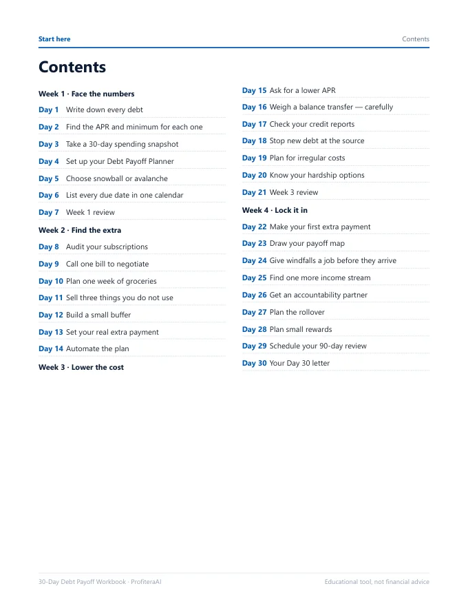 Workbook contents page