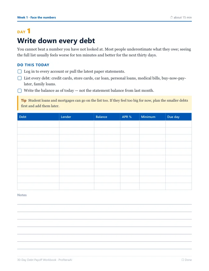 Workbook Day 1 page with a fill-in table for every debt