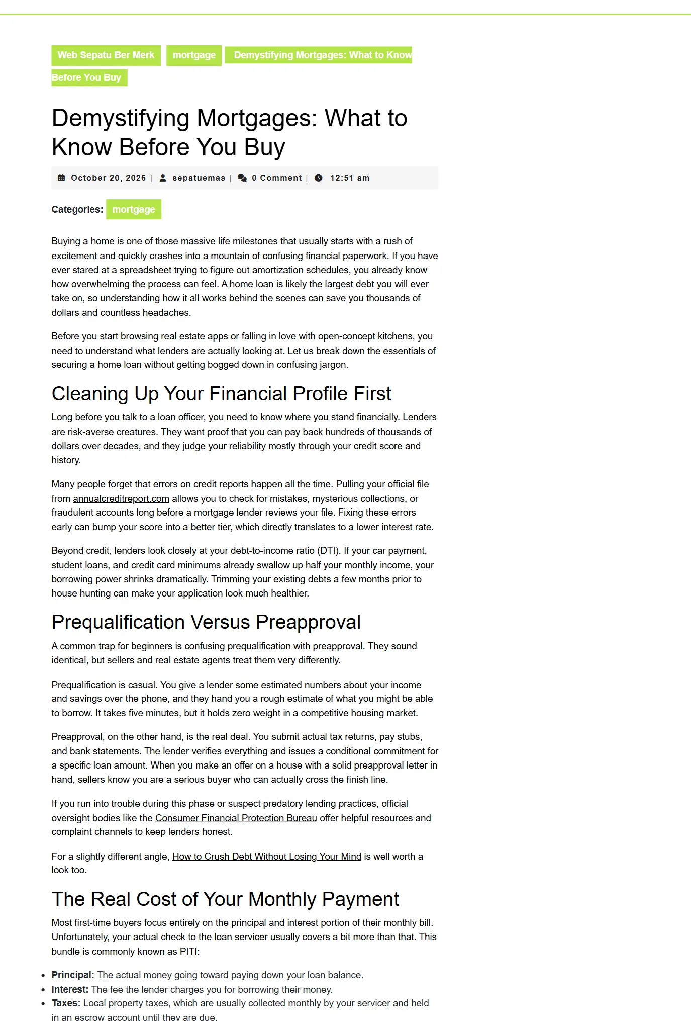 Generated mortgage article on the front end
