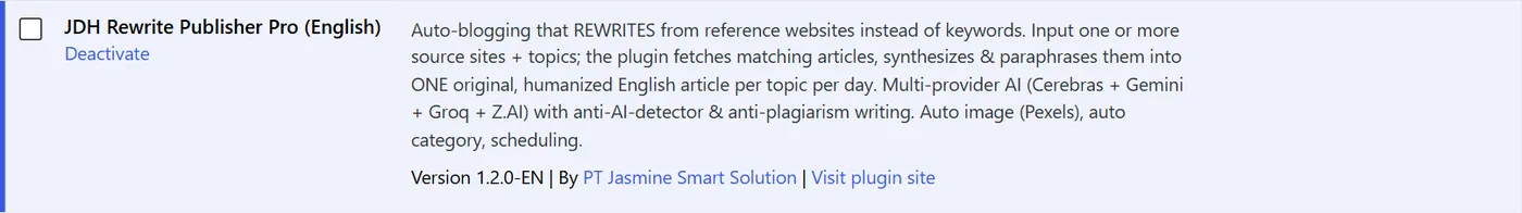 Plugins screen showing JDH Rewrite Publisher Pro version 1.2.0 activated