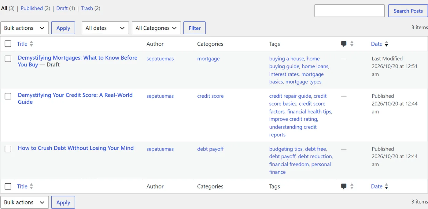 WordPress posts list with generated articles, categories and tags