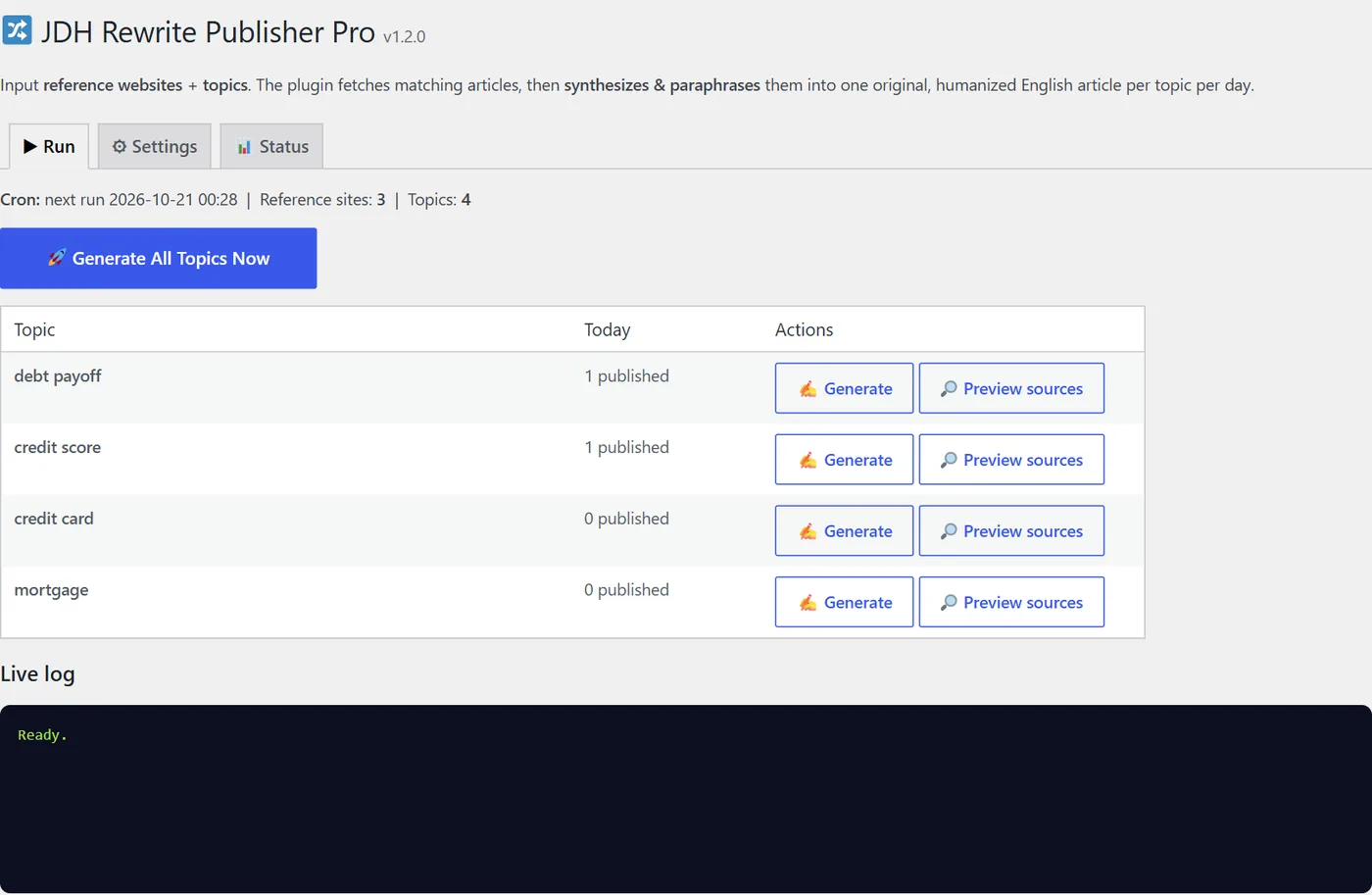 Run tab with topics and Generate buttons