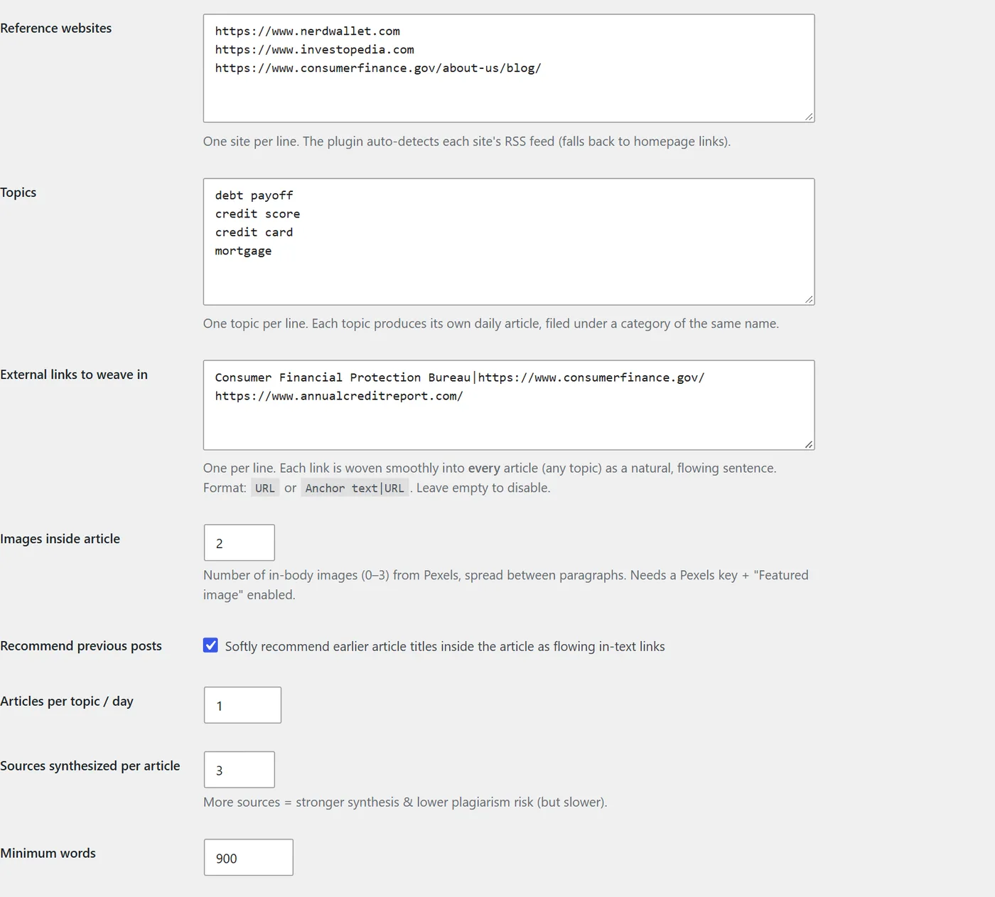 Settings: reference websites, topics and external links