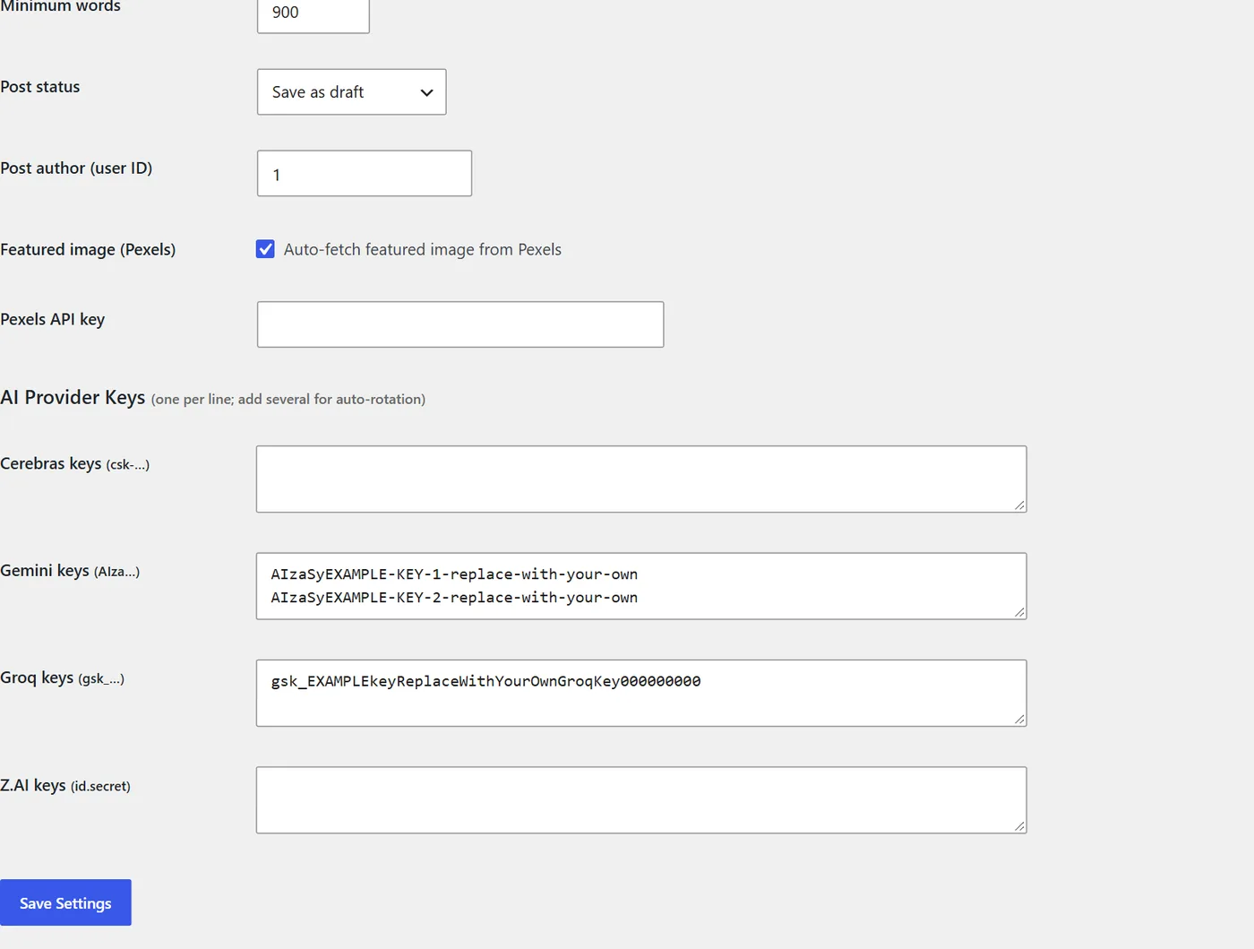 Settings tab lower half: articles per day, sources per article, minimum words, post status, author, Pexels and AI keys