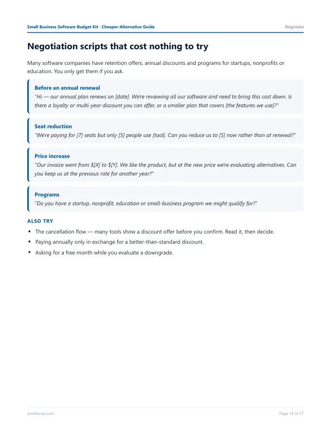 Guide page with negotiation scripts for renewals, seats and price increases